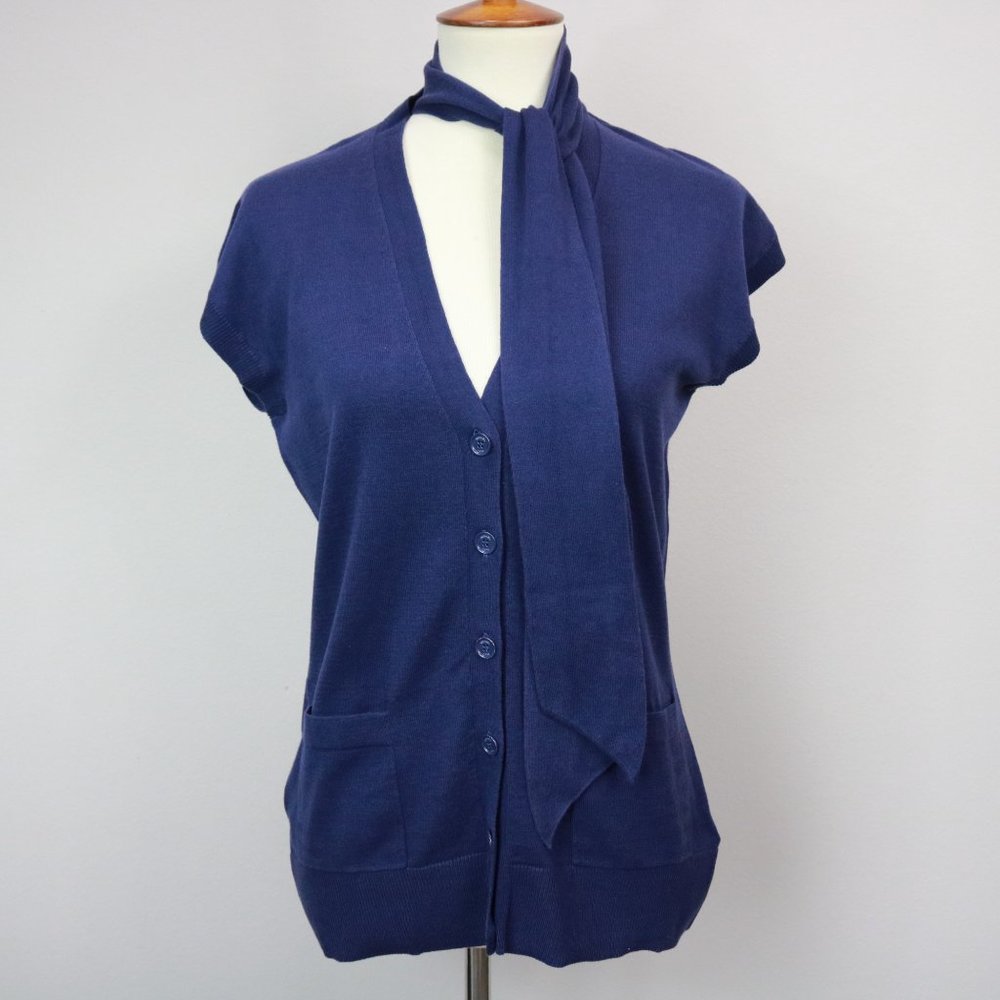 Michael Kors Navy Tie Neck Button Up Sleeveless Cardigan Women’s Size S